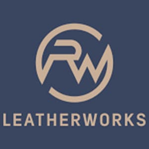 A blue and white logo of leather works