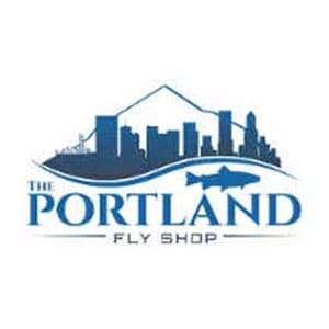 A blue and white logo of the portland fly shop.