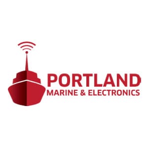 A red boat with the words portland marine & electronics on it.