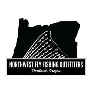 A black and white logo of northwest fly fishing outfitters.