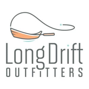 A long drift outfitters logo with an orange boat in the background.