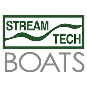 A green and white logo for stream tech boats.