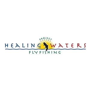 A logo of healing waters fly fishing